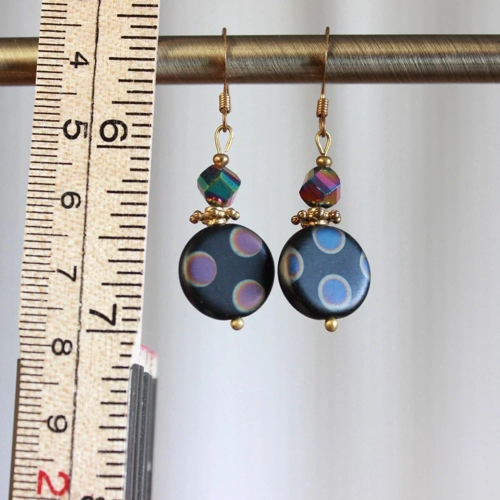 Handmade‎ Black Polka Dot Dangle Earrings Iridescent Beads Funky Unique Quirky
